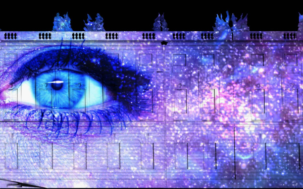 You can see the illuminated Karlsruhe Castle, on which two eyes were projected