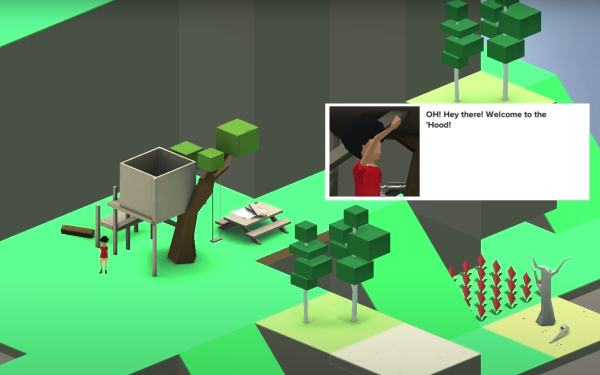 Screenshot from the video game »Blook'Hood«. Person greets the players