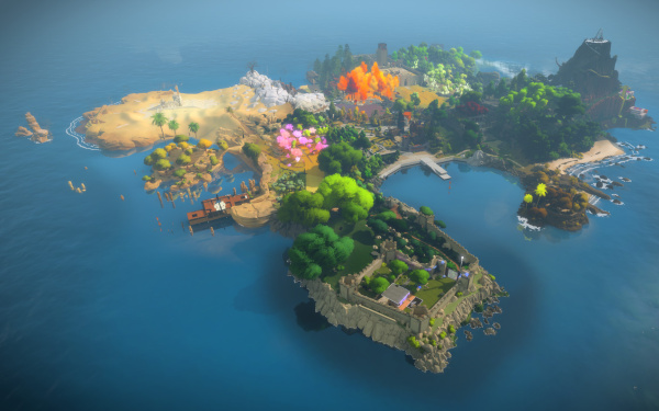  View of a computer generated bay with a fortress architecture and landscape. White writing on the horizon »The Witness«