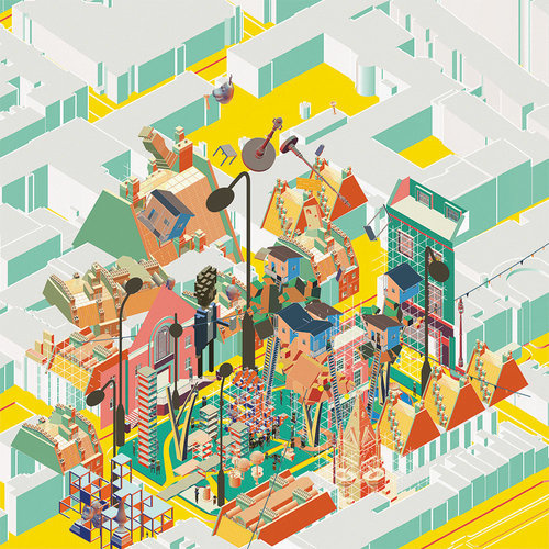 Computer generated sketchy city from bird's eye view in bright colors