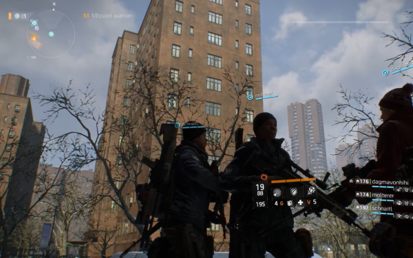 Armed avatars in first-person shooter »Tom Clancy's: The Division«  look at architecture in video game 