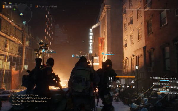 Armed avatars in first-person shooter »Tom Clancy's: The Division«  look at architecture in video game 