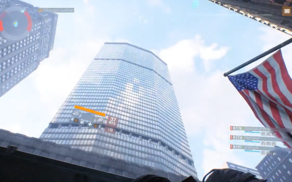 Armed avatars in first-person shooter »Tom Clancy's: The Division«  look at architecture in video game 