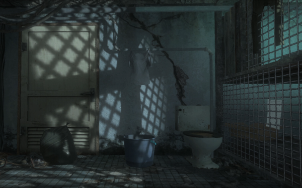 Computergenerierter Innenraum eines heruntergekommenen Badezimmers im Videospiel »Black Ops«