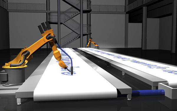 KUKA-Roboter beschreiben ein Papierlaufband.
