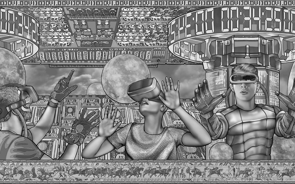 Eine Schwarz-weiße Tapisserie mit Menschen mit VR-Brille