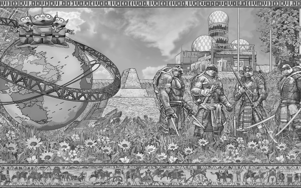 Eine schwarz-weiße Tapisserie, auf der unter anderem die Ninja-Turtles zu sehen sind