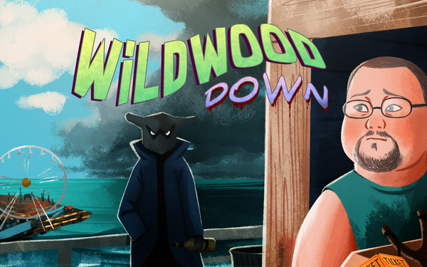 Two figures and the illustrated font “Wildwood Down” can be seen.