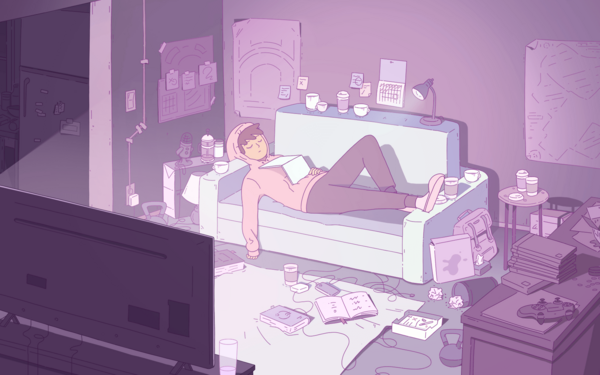 The picture shows a person sleeping on a sofa while the TV is on. 