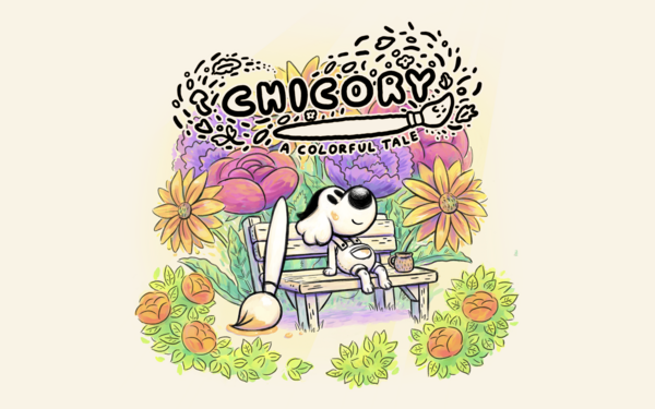 The picture shows a figure sitting on a bench surrounded by colorful flowers.