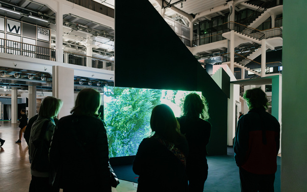 The picture shows the silhouettes of five people standing in front of a screen.