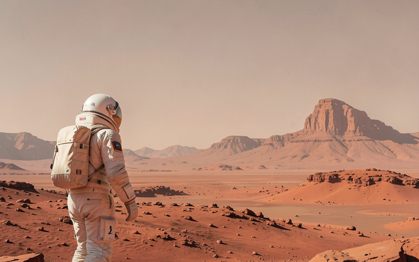 Ein einsamer Astronaut blickt auf eine hügelige Marslandschaft.