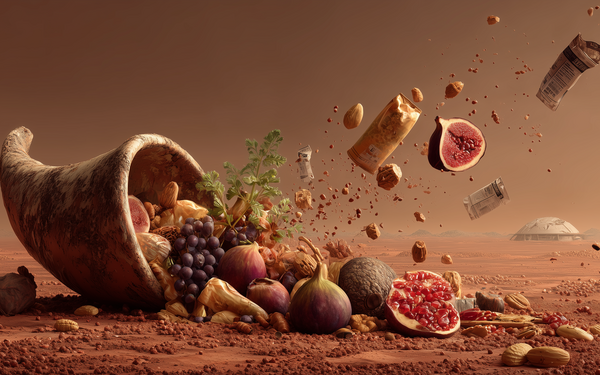 Ein Füllhorn voller Lebensmittel, das auf einer Marslandschaft ausgeleert wird.