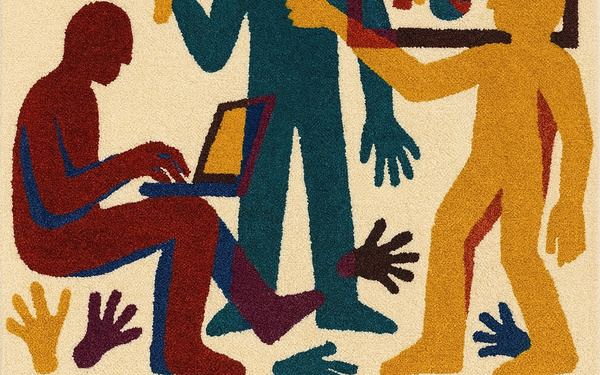 Man sieht einen Wandteppich mit drei Figuren.