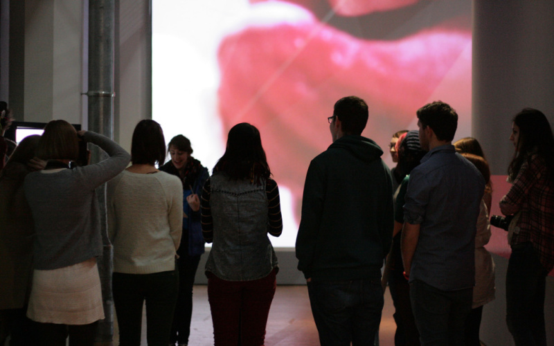 Eine Gruppe von Menschen vor einer Kunstvermittlerin. Im Hintergrund ist großflächig ein Teil einer Zunge zu sehen.