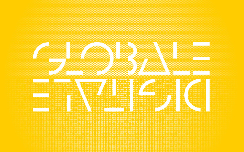 A yellow background. In white letters GLOBALE and upside-down DIGITALE