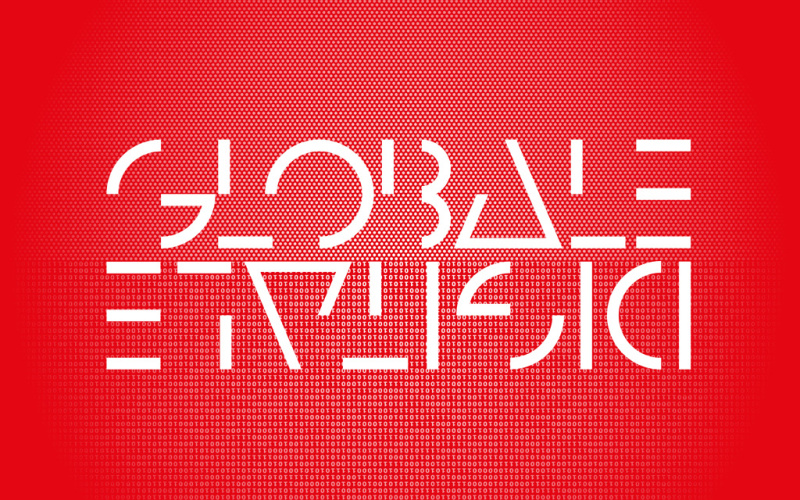 White letters on red ground: GLOBALE and upside-down DIGITALEe-down DIGITALE