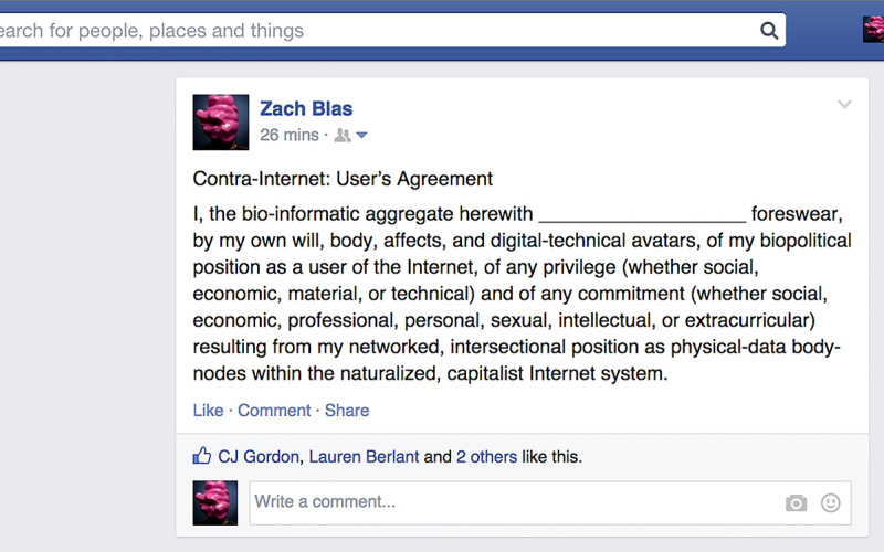Screenshot of a Facebook post by Zach Blas