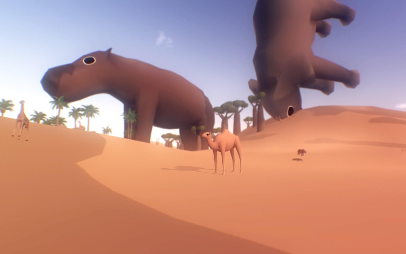 gigantic hippos and a camel in the desert