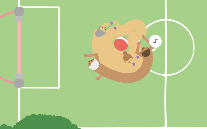 Zwei Spielfiguren kämpfen um einen Ball auf einem Fußballfeld