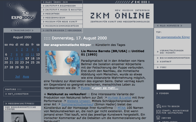 Screenshot der ZKM Website aus dem Jahr 2000.