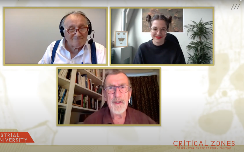 A screenshot of a zoom interview with Peter Weibel, Barbara Kiolbassa and Bruno Latour in the context of the »Terrestrial University« at ZKM Karlsruhe