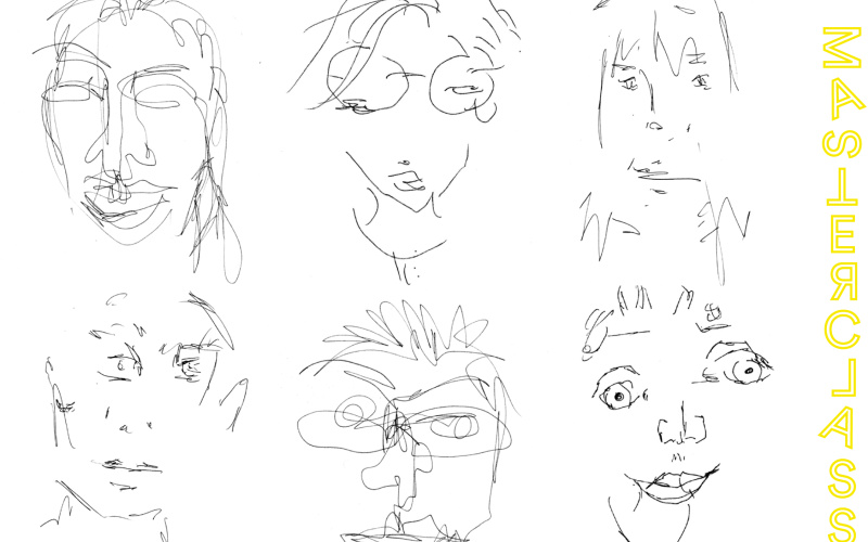 Auf weißem Hintergrund sind sechs Portraits zu sehen. Sie bestehen aus Bleistiftlinien und scheinen ohne auf das Blatt zu sehen gezeichnet worden zu sein, wodurch die Gesichtszüge verzerrt erscheinen..