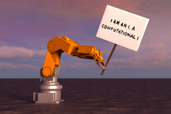 Das Bild zeigt einen Roboter auf einer leeren Kraterlandschaft. Er trägt ein Schild mit der Aufschrift: »I am an I. A computational I.«