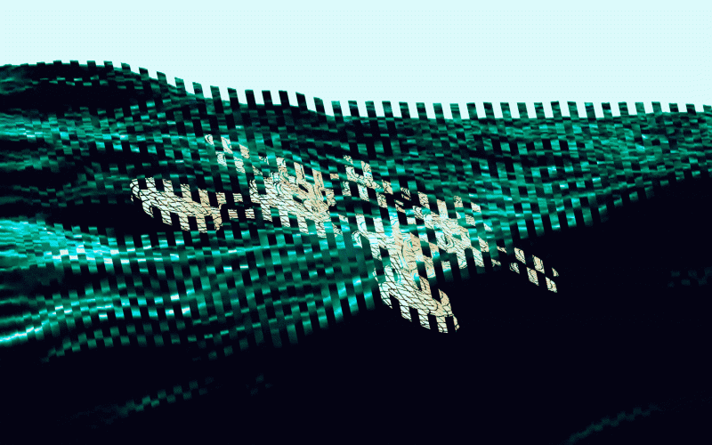 A graphic figure moves against the background of computer-generated waves.