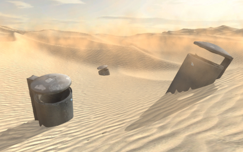 Visualization of a desert with garbage cans
