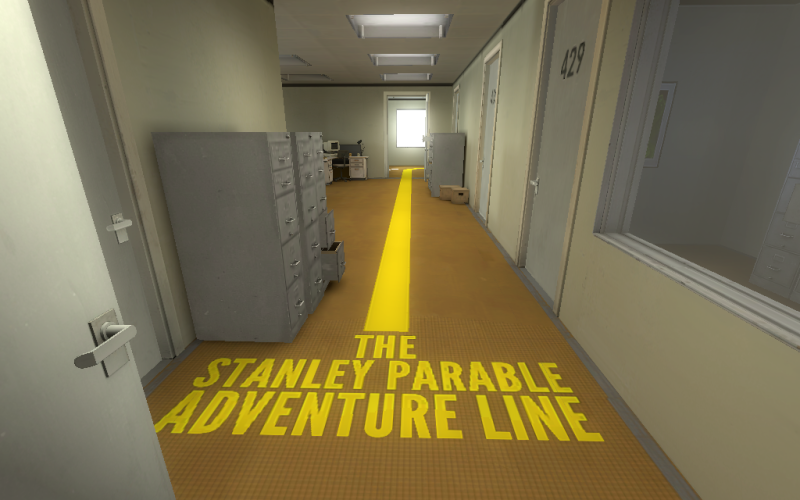 Ein gelber Pfad in einem Bürogang mit dem Text »The Stanley Parable Adventure Line«