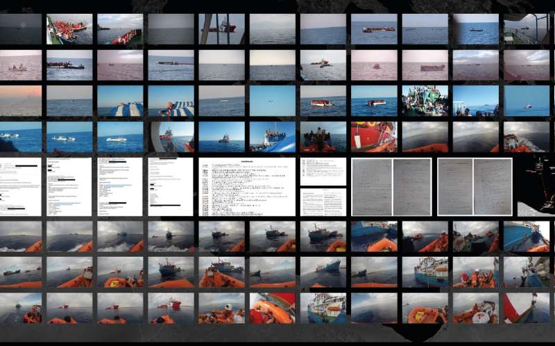 Digital picture collage, screenshots of texts and many photos of a ship at sea are shown.