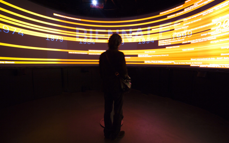 A man standing in front of a 360° view of yellow lightnings