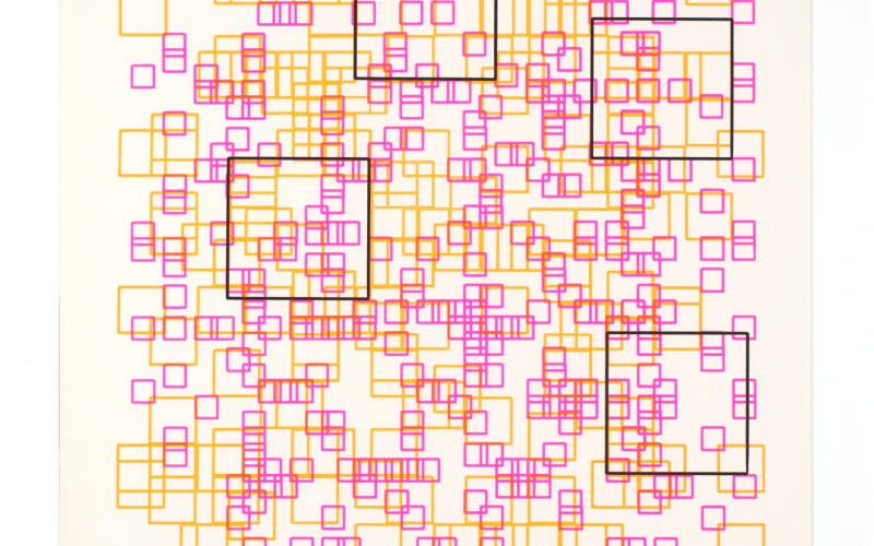 GElbe, rosa und schwarze Quadrate auf weißem Grund