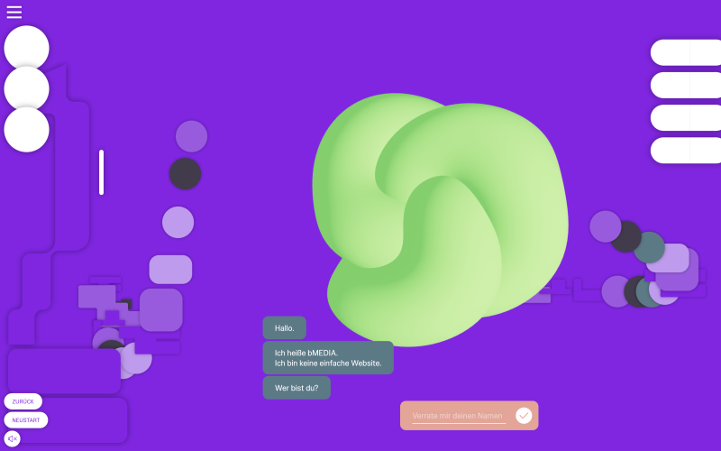 Digitale Plattform der Ausstellung »BioMedien«. Zu sehen ist ein animiertes, knotenähnliches, grünes Objekt auf einem violetten Hintergrund.