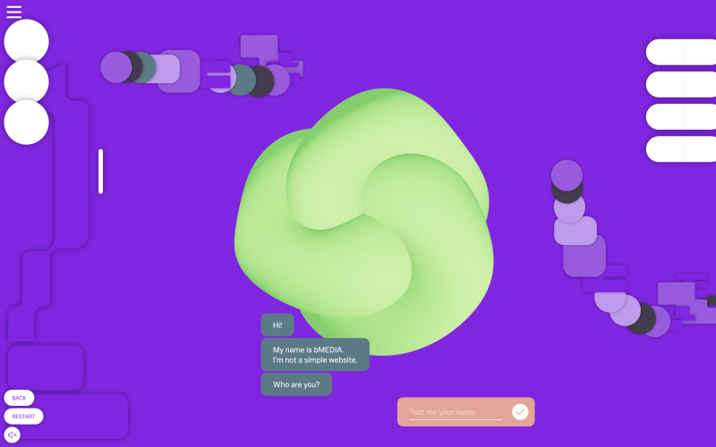 Digital platform of the exhibition »BioMedia«. You can see an animated node-like green object on a purple background.