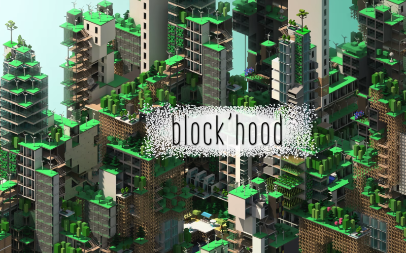 Blockartige Hochhäuser mit dem Titel »Blook'Hood«