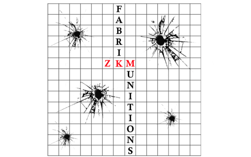 The picture shows a grid with the letters MUNITION FABRIK and bullet holes